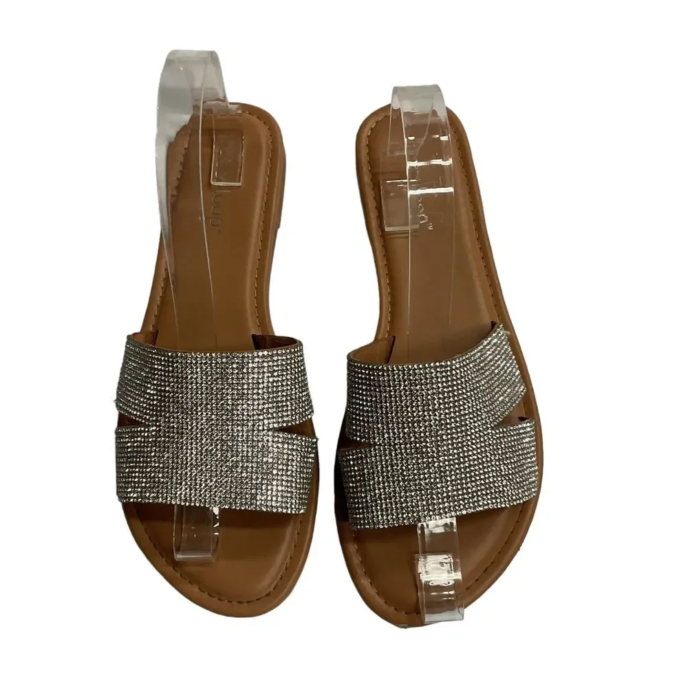 West Loop‎ Women's Rhinestone Slide Sandals Sz L 9/10 Silver Slip On Open Toe